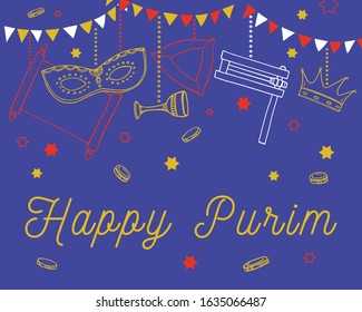 Design template for Purim with traditional objects hanging on the top of the page. Title Happy Purim. Hand drawn outline colorful vector sketch illustration