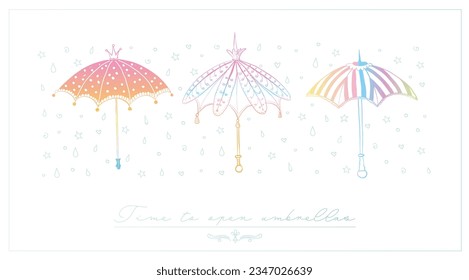 Design template with rainbow colored  doodle vintage umbrellas and place for your text. Vector sketch illustration