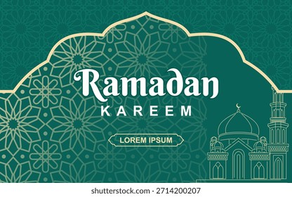 Plantilla de diseño de Ramadan Kareem con adornos de marco redondo e ilustración de la mezquita verde en él
