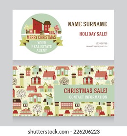 design template for real estate agent business card and for real estate christmas sale, vector illustration