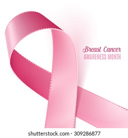 Design template with realistic pink ribbon - breast cancer awareness symbol. Isolated on white, vector illustration, eps10.