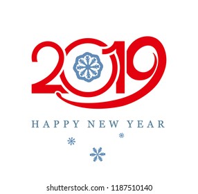 Design template red 2019 and snowflakes. Happy New Year. Vector illustration.