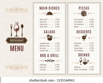 Design template of restaurant menu with place for your text. Salad and dessert, drink and grill illustration