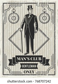 Design template of retro poster for gentleman club. Vector banner victorian man illustration