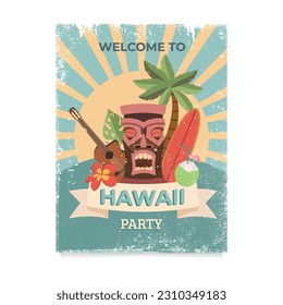 Plantilla de diseño de la invitación de afiches retro para la fiesta hawaiana. Cartel de la fiesta tropical hawaiana de verano, tarjeta de afiches hawaianos,. Ilustración del vector