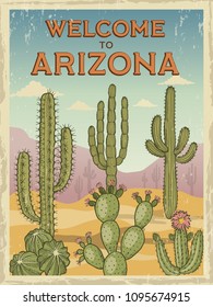 Design template of retro poster welcome to arizona. Illustrations of wild cactuses. Cactus in desert sand, summer scene landscape vector