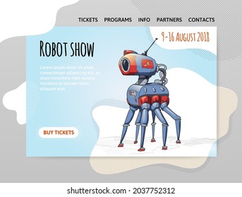 A design template for a robot exhibition, show, or robotics school. A six-legged robot animal. Vector illustration for website or landing page header, banner or poster.