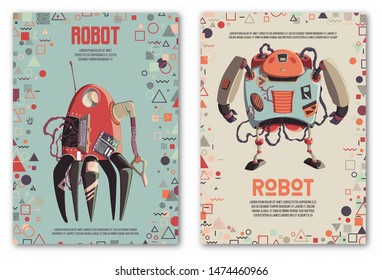 Design template with robots characters and geometric shapes. Technology, future. Artificial intelligence concept. Vector illustration