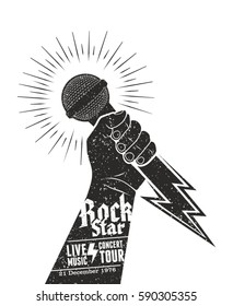 Design template for a rock music festival concept poster vector. Hand holding a microphone in a fist 