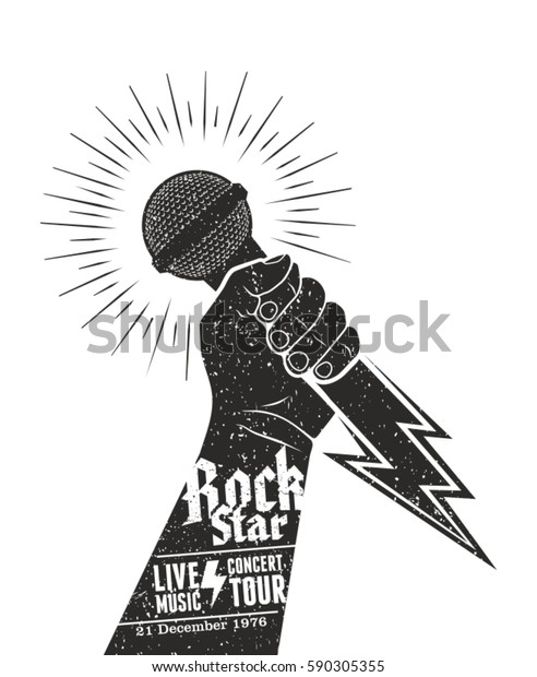 Design template for a\
rock music festival concept poster vector. Hand holding a\
microphone in a fist 