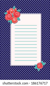 Design template with roses and place for text on a dark blue background with white polka dots