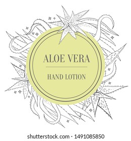 Design template with round frame and aloe vera leaves.  Vector hand drawn sketch illustration for cosmetic and medicine packaging. Green colors on white background