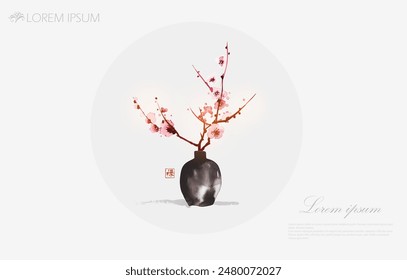 Plantilla de diseño con flor de cerezo sakura en jarrón y lugar para su texto. Tinta oriental tradicional pintura sumi-e, u-sin, go-hua. Jeroglífico - bienestar.