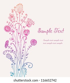 Design template with sample text and hand drawn fantasy flowers. Floral background for design covers, greeting cards, invitation, decoration bags, wear etc