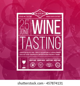 Design template with sample text for promoting your wine events. Presentation of wines, wine tasting, events or parties related to wine. Place for your text, logo of your business and sponsors. vector