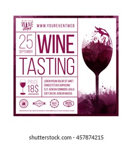 Design template with sample text for promoting your wine events. Presentation of wines, wine tasting, events or parties related to wine. Place for your text, logo of your business and sponsors. vector