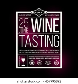 Design template with sample text for promoting your wine events. Presentation of wines, wine tasting, events or parties related to wine. Place for your text, logo of your business and sponsors. vector