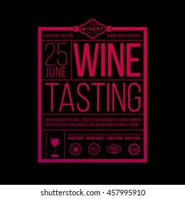 Design template with sample text for promoting your wine events. Presentation of wines, wine tasting, events or parties related to wine. Place for your text, logo of your business and sponsors. vector