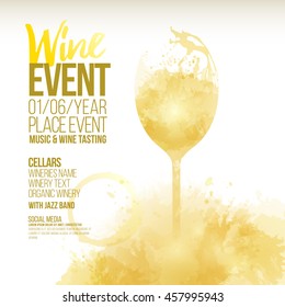 Design template with sample text for promoting your wine events. illustration glass and bottle of wine. Background with wine stains, expressive texture. Idea for your design. Vector