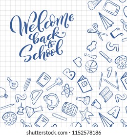 Design template for school theme. Realistic paper with handdrawn lettering Welcome back to school. Vector illustration.