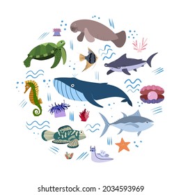 Design template with sea animal in circle for kid print. Round composition of marine animals, turtle and sea horse, whale, tuna and hummerhead shark. Vector set of underwater life in cartoon style.