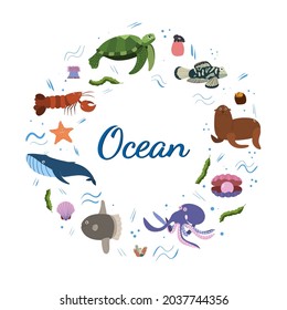 Design template with sea animal in circle for kid print. Round composition of marine animals, turtle and whale, octopus, fur seal. Vector set of underwater life in cartoon style.