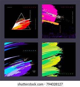 Design template. Set of covers for catalogs, brochures. Bright colors brush strokes on a black background.