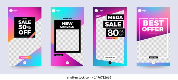 Design template set of social media platform share photo instagram stories advertise. Promotion banner for online store. Show discount, sales, new arrivals. Vector illustrate.