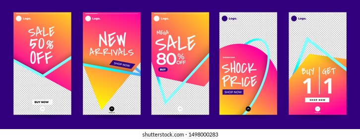 Design template set of social media platform share photo instagram stories advertising. Promotion banner for online store. Show discount, sales, new arrivals. Vector illustrate.