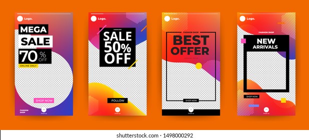 Design template set of social media platform share photo instagram stories advertising. Promotion banner for online store. Show discount, sales, new arrivals. Vector illustrate.