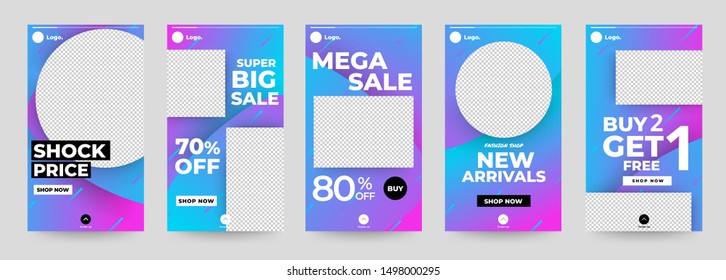 Design template set of social media platform share photo instagram stories advertising. Promotion banner for online store. Show discount, sales, new arrivals. Vector illustrate.