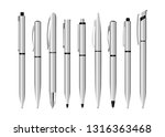 Design template, set of stationery mockup. Realistic 3d vector pens. Silver pen, for applying corporate identity and branding of stationery.