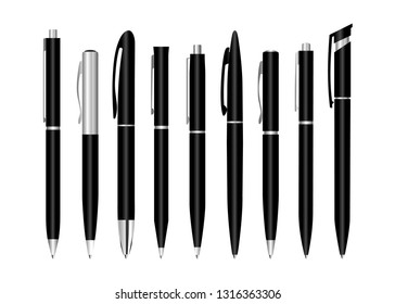 Design template, set of stationery mockup. Realistic 3d vector pens. Black metal pen for corporate identity and branding of stationery.