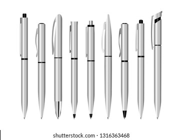 Design template, set of stationery mockup. Realistic 3d vector pens. Silver pen, for applying corporate identity and branding of stationery.