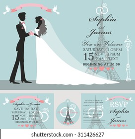 W?edding design template set.Bride in white dress and groom,Eiffel tower,Paris street on cyan background.Flat  people silhouette.Wedding invitation,save date,RSVP card,tag. Vector Illustration