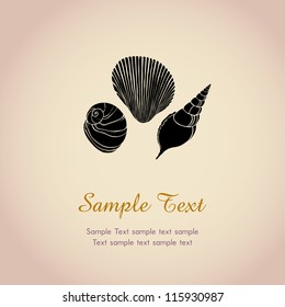 Design template with shells and sample text. Illustration with stylized graphic seashells