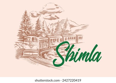 Plantilla de diseño para Shimla, Himachal Pradesh que es uno de los principales destinos turísticos en la India. Ilustración vectorial en estilo de grabado. 