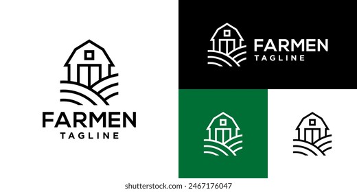 Design template of simple farm logo, with a line style.
Farms, fields, huts, livestock.
Icon symbol, vector EPS 10.