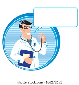 Design template with smiley doctor in light-blue coat with stethoscope and medical card in round border with balloon.