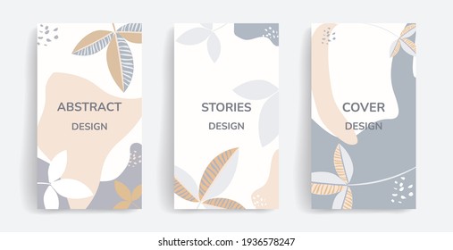 Design template for social media post, story, banner, mobile app, web, advertising. Vector layout with copy space for text, abstract shapes, florals, leaves. Stylish neutral colors, gray, white, beige