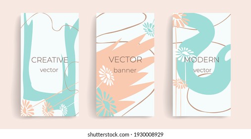 Design template for social media posts, stories, banners, mobile apps, web and internet ads. Vector layout with copy space for text, abstract shapes, doodle style flowers. Stylish design concept