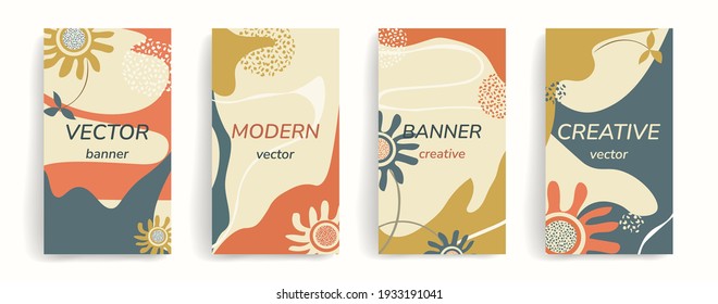 Design template for social media posts, stories, banners, mobile apps, web, print, ads. Vector layout with copy space for text, abstract shapes, florals. Trendy colors, gold, teal, orange, beige