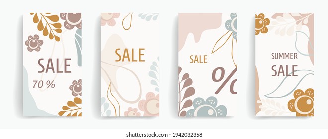 Design template for social media posts, stories, banners, mobile apps, web, print, ads. Vector layout with copy space for text, abstract shapes, flowers. Natural colors, white, beige, blue, brown