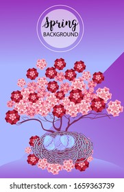 Design-Vorlage auf Federhintergrund. Frühlingsposter, Flyer, Einladung, Karte. Vektorillustration-Illustration