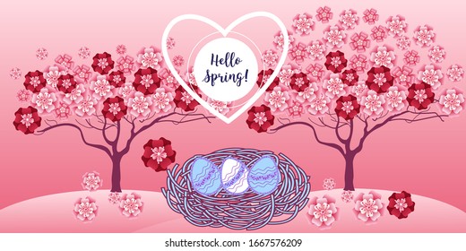 Design template of spring background. Spring poster, flyer, invitation, card. Vector Illustration