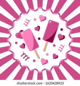 Design template with strawberry and raspberry ice cream and hearts. For use as desserts menu, information plate and posters. Happy Valentine's day