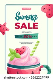 A design template for a summer flyer with a delicious watermelon dessert in a cup. The concept of summer, summer sale. Vector illustration in A4 format for posters, banners, promotions, advertisements