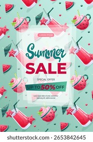 Um modelo de design para um panfleto de verão com vários doces de melancia e sobremesas. O conceito de verão, venda de verão. Ilustração vetorial em formato A4 para cartazes, banners, promoções, anúncios