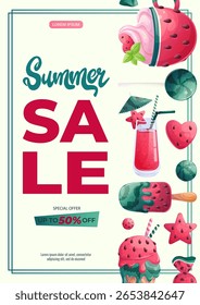 Una Plantilla de diseño para un volante de verano con varios dulces y postres de sandía. El concepto de verano, venta de verano. Ilustración vectorial en formato A4 para carteles, Anuncios, promociones, anuncios
