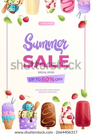 A design template for a summer flyer with various types of ice cream. The concept of sweets, summer, summer sale. Vector illustration in A4 format for posters, banners, promotions, advertisements